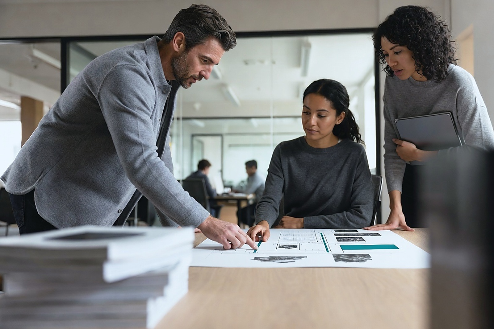 Three colleagues working together at a table over a large printed schematic, one tracing a route across it while the others follow the same line.