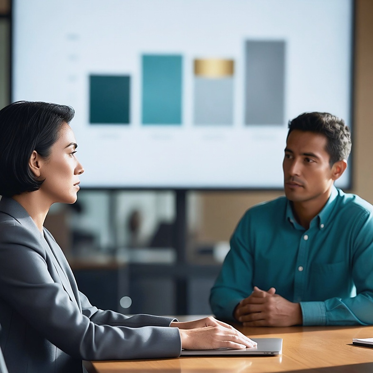 Two colleagues mid-decision at the corner of a boardroom table, a wall screen of soft chart blocks out of focus behind them.