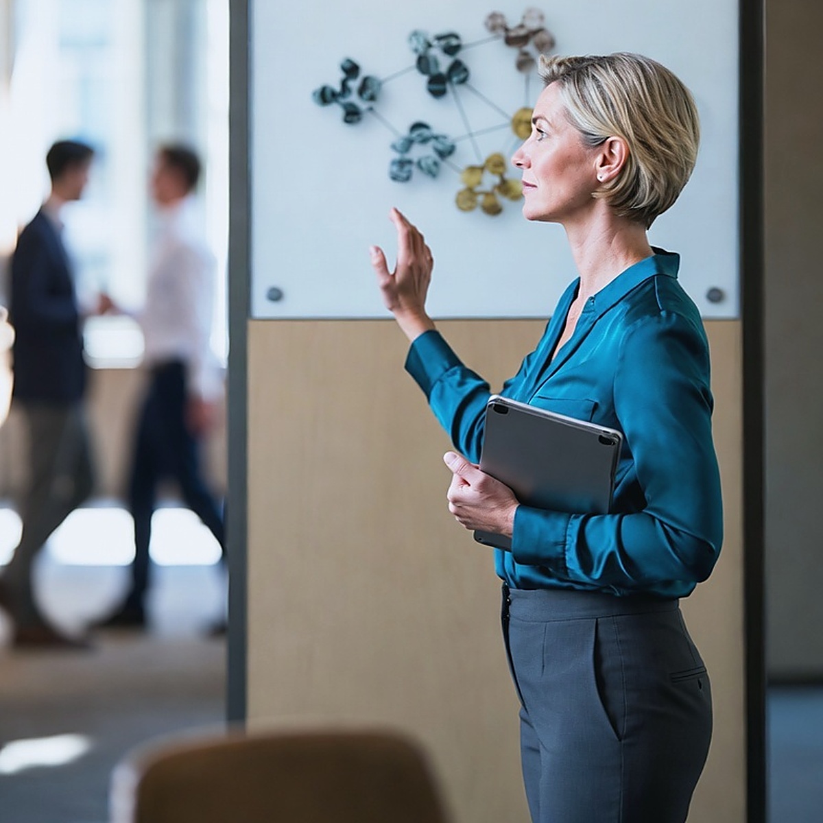 A senior data steward mid-explanation at a wall-mounted screen showing clusters and connecting lines, an open door onto a working floor behind her.