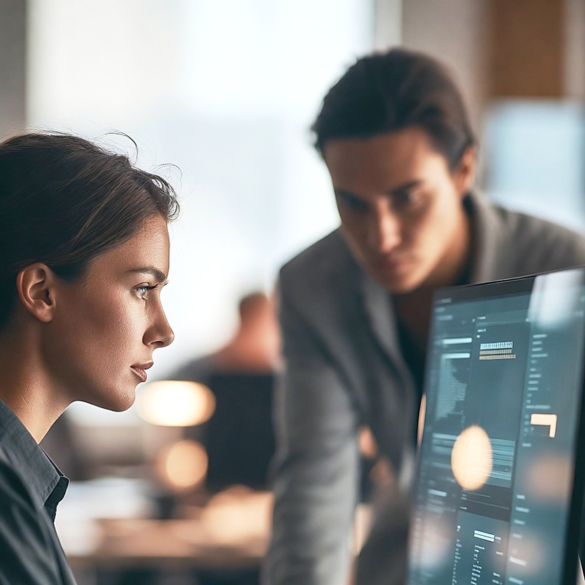 Two practitioners at one large monitor in a daylit office, one seated at the keyboard and one crouched to screen height, both studying the same panel.